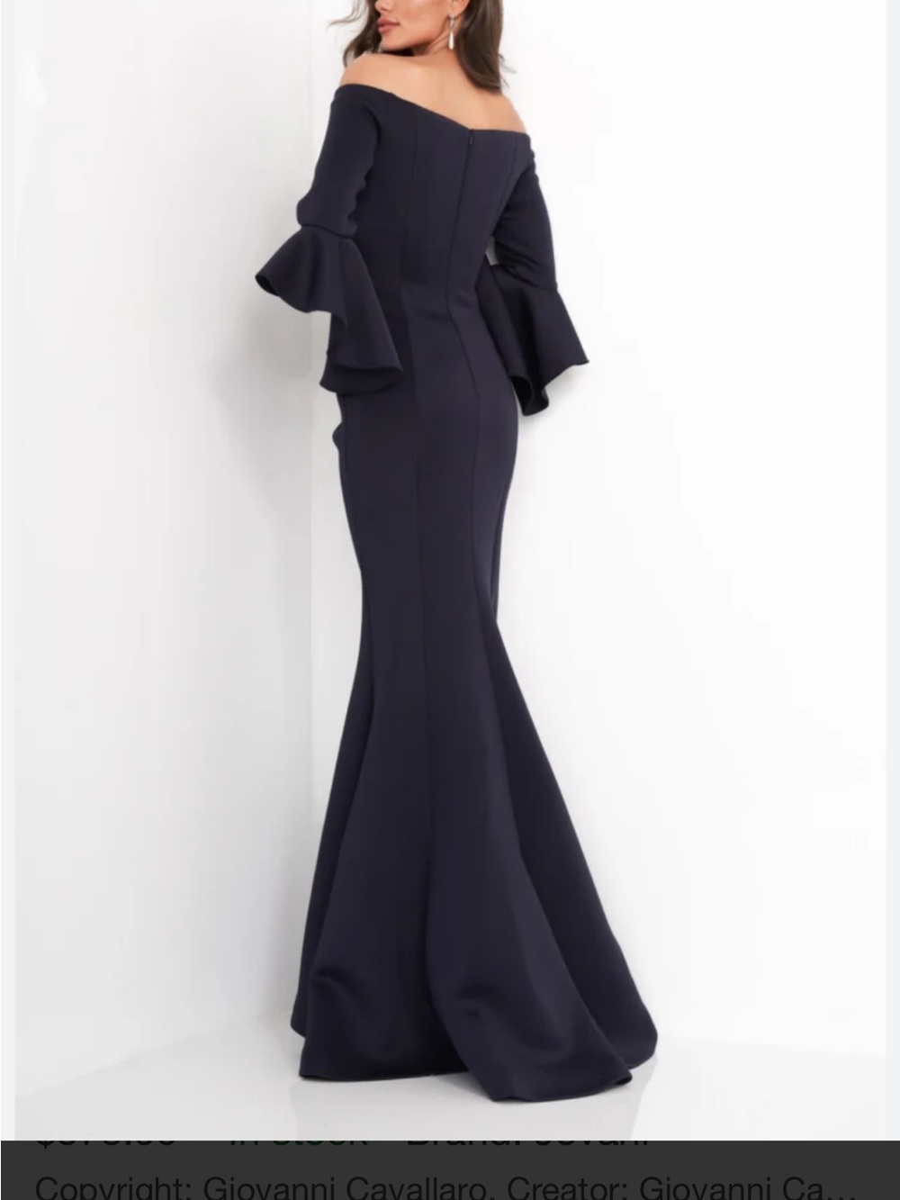 NWT Jovani Navy Blue Off Shoulder Mermaid Maxi Gown with Statement Ruffle Sleeve - Picture 2 of 2